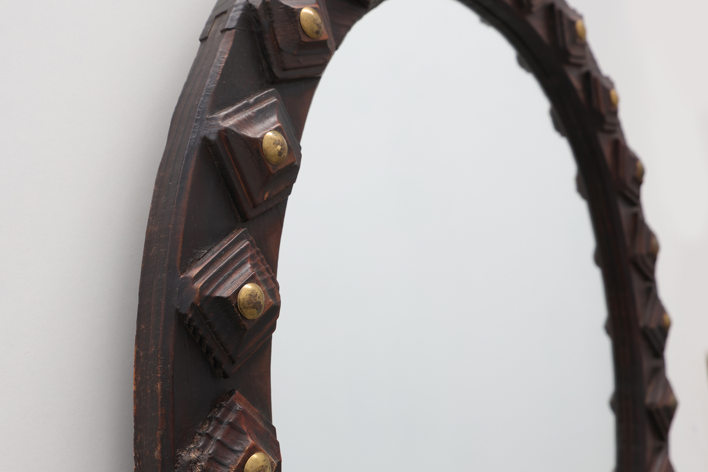 Spanish Brutalist Oval Mirror in Hand-Carved Wood with Brass Studs, 20th Centurythumbnail